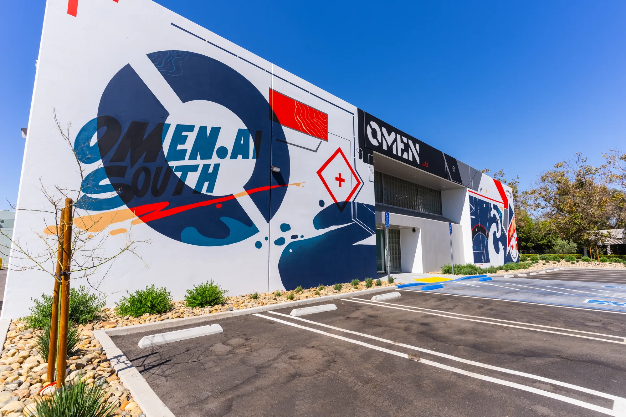 Omen AI headquarters painted with a large-scale exterior mural